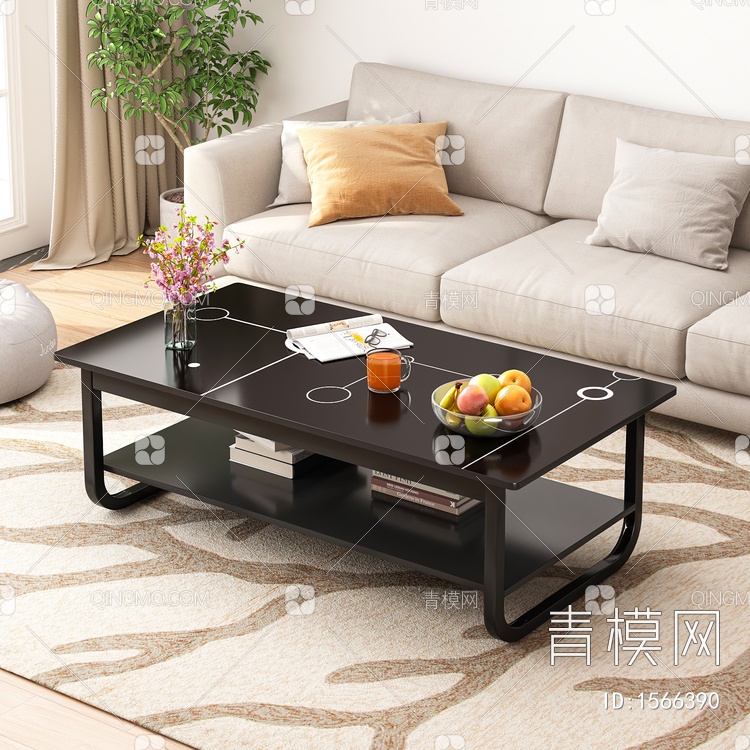 客厅 茶几沙发 地毯 窗帘 抱枕组合3D模型下载【ID:1566390】