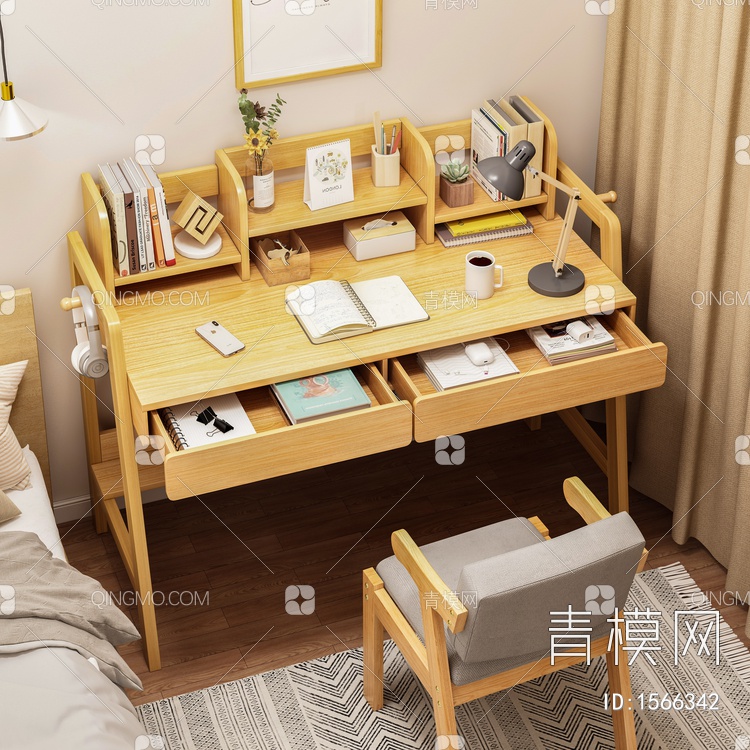 卧室书桌 椅子 挂画 床 窗帘 地毯组合3D模型下载【ID:1566342】