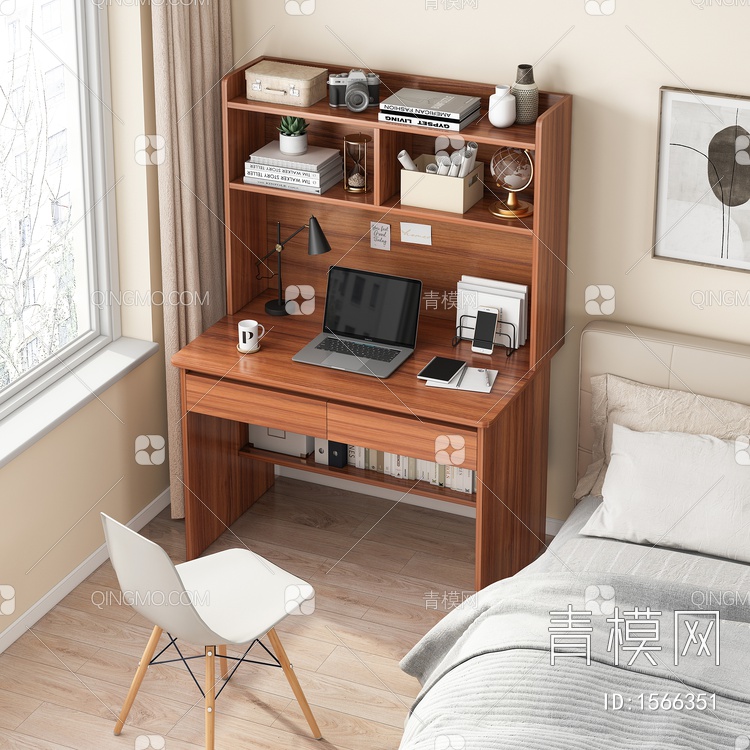 卧室 书桌 办公桌椅组合 笔记本 挂画 床 台灯 书籍组合3D模型下载【ID:1566351】