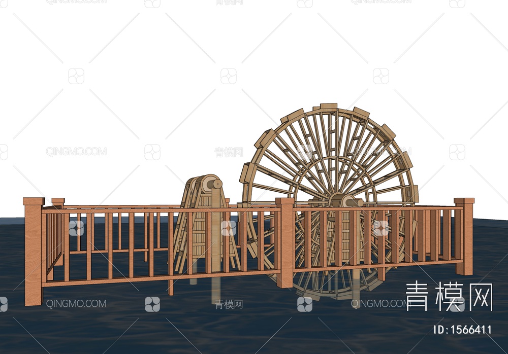 防腐木碳化木水车  脚踏水车 户外景观水车SU模型下载【ID:1566411】