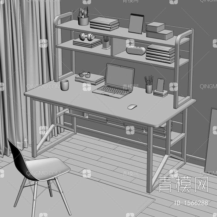 书桌 办公椅 挂画 笔记本 绿植 书籍组合摆件3D模型下载【ID:1566288】