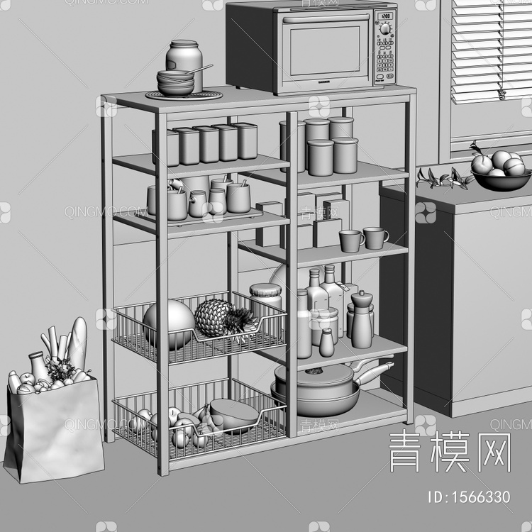 厨房置物架 微波炉 调料瓶 水果组合3D模型下载【ID:1566330】