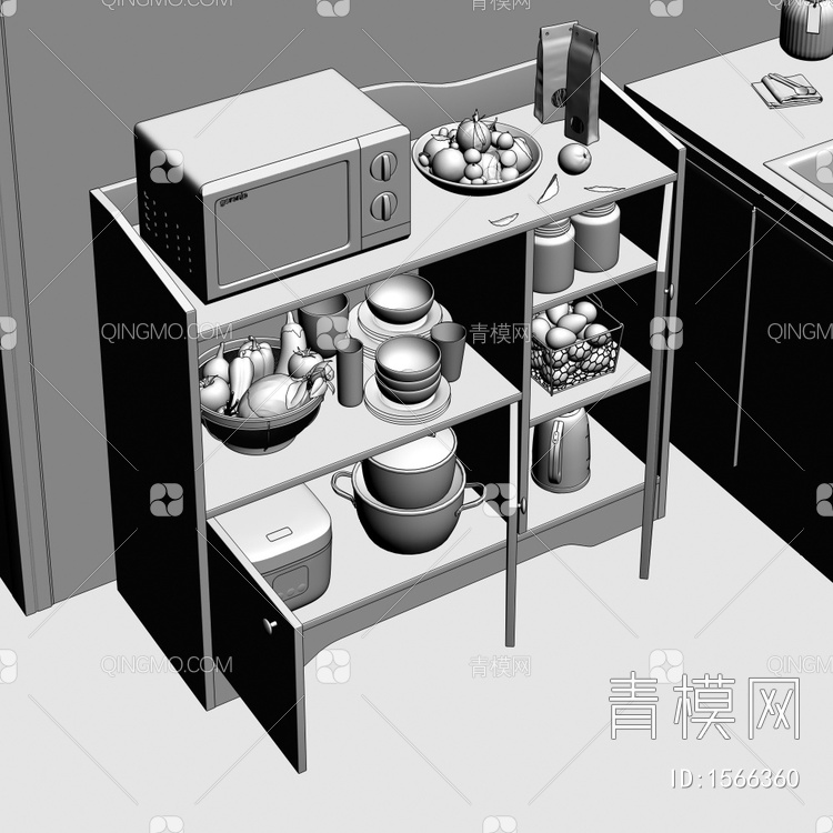 厨房餐边柜 微波炉 水果 鸡蛋 碗 砂锅组合摆件3D模型下载【ID:1566360】