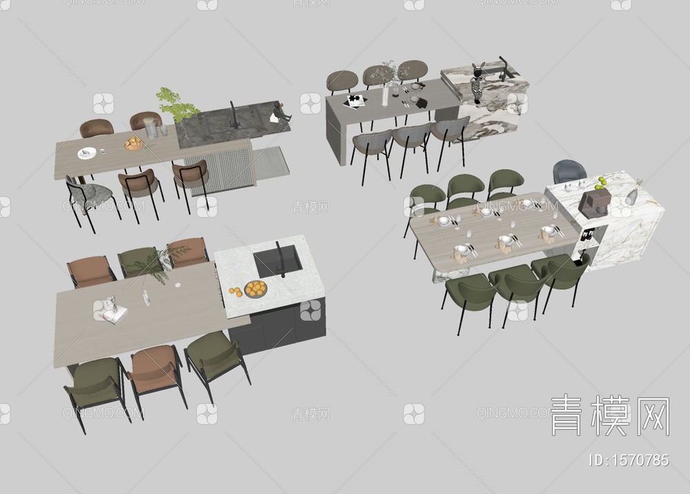 可伸缩中岛餐桌椅组合SU模型下载【ID:1570785】