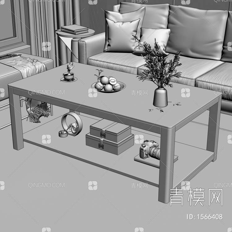 客厅 茶几沙发 地毯 窗帘 抱枕 花瓶组合3D模型下载【ID:1566408】