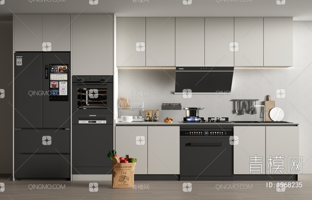 厨房台面 橱柜 嵌入式冰箱 烤箱 油烟机 厨房用品3D模型下载【ID:1568235】