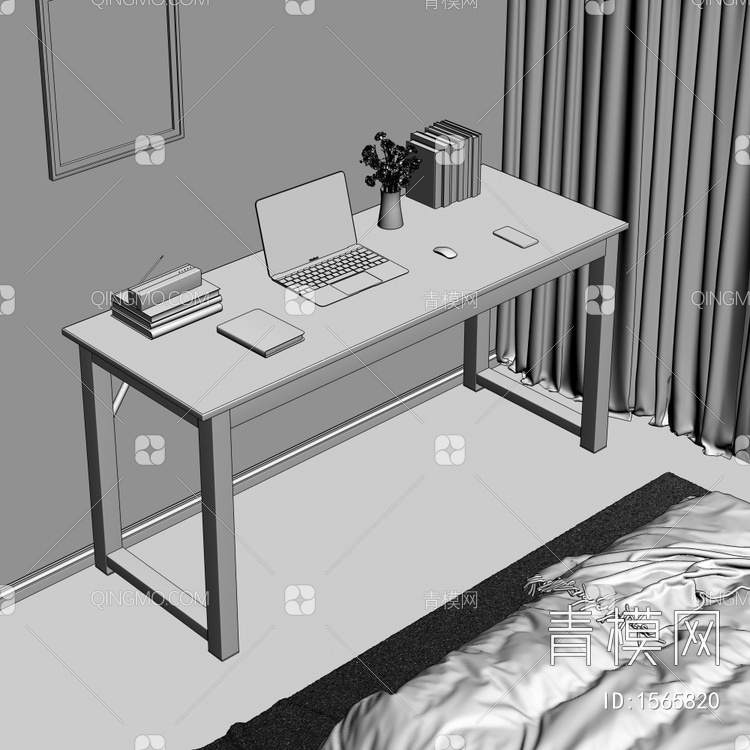 床边书桌 笔记本 挂画 花瓶 窗帘 组合摆件3D模型下载【ID:1565820】