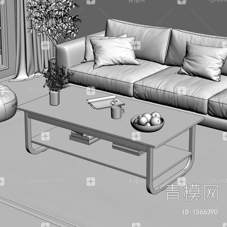 客厅 茶几沙发 地毯 窗帘 抱枕组合3D模型下载【ID:1566390】