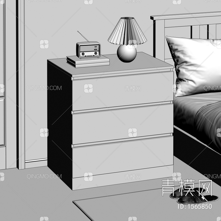 卧室床头柜 台灯 地毯 床组合摆件3D模型下载【ID:1565850】