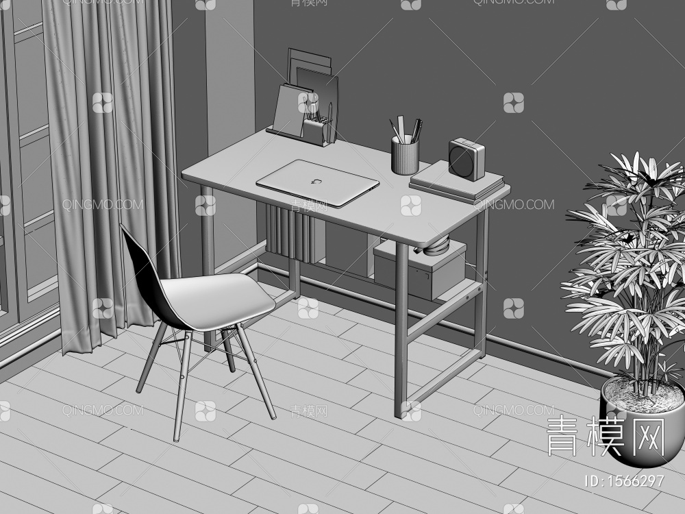 办公桌书桌 椅子 绿植 笔记本 收纳盒组合3D模型下载【ID:1566297】
