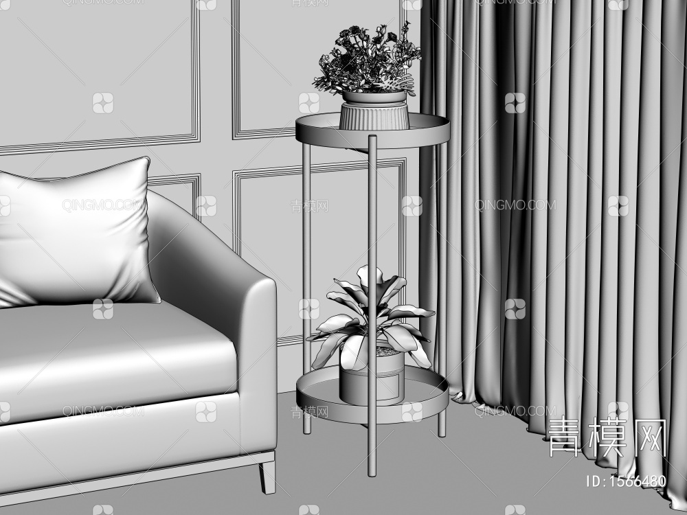 客厅 沙发 边几 花架组合3D模型下载【ID:1566480】