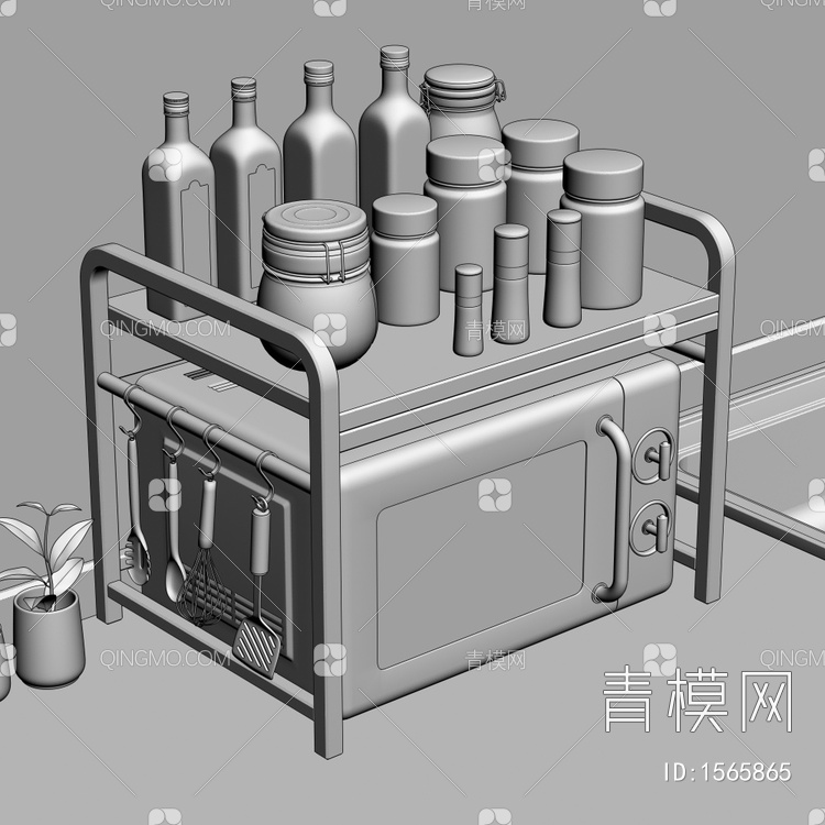 厨房置物架 微波炉 调料瓶子组合摆件3D模型下载【ID:1565865】