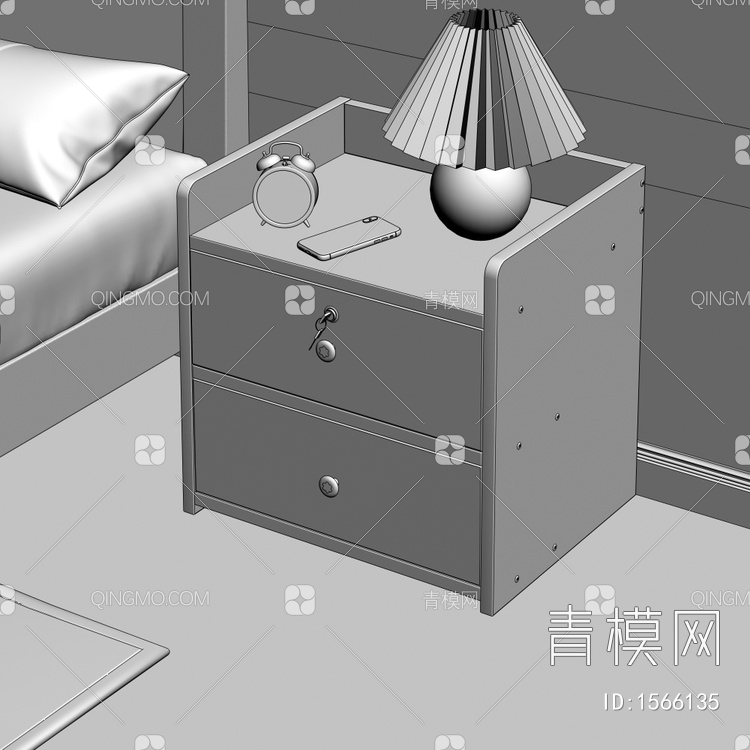 床头柜 台灯 地毯 闹钟 床组合3D模型下载【ID:1566135】
