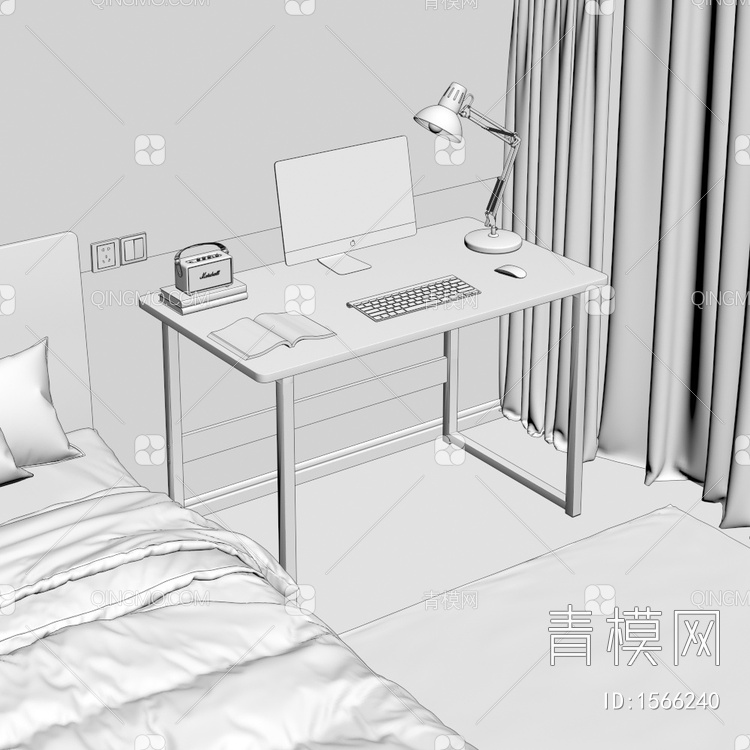 床边书桌 电脑 台灯书籍组合摆件3D模型下载【ID:1566240】