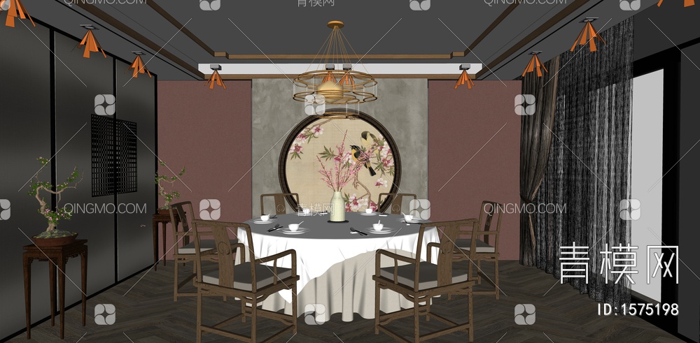 餐厅包厢 圆形餐桌椅 吊灯 墙饰格栅挂画 餐厅SU模型下载【ID:1575198】