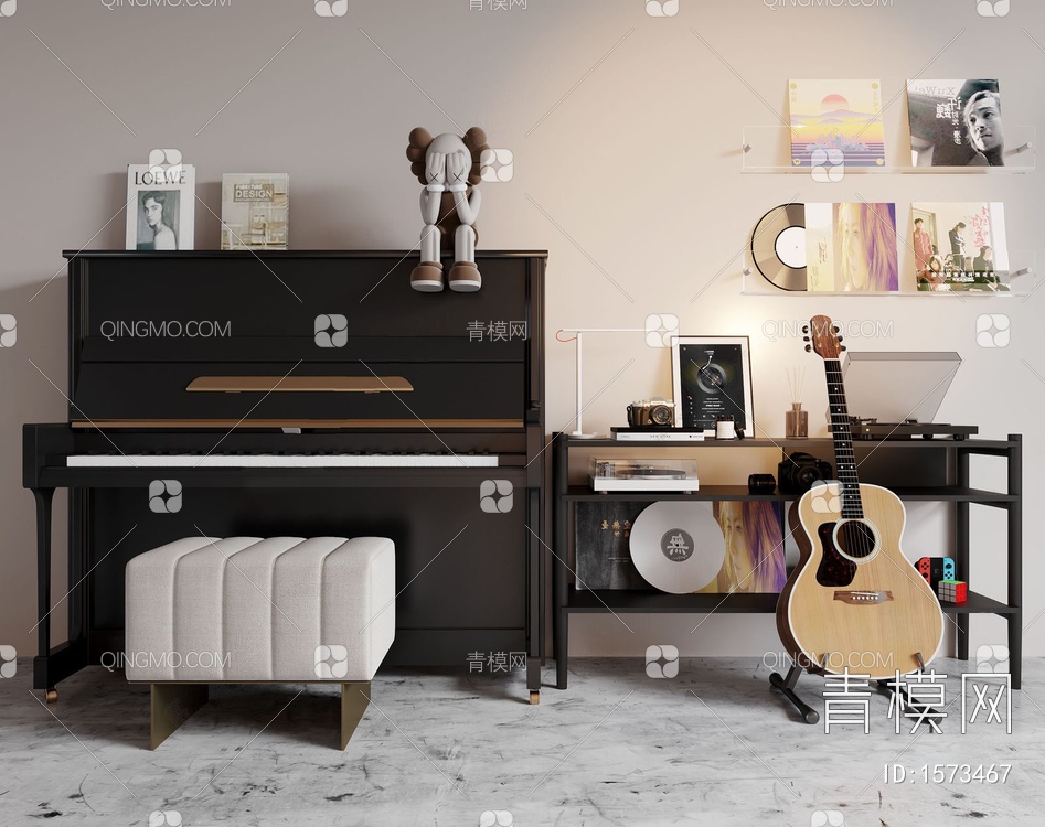钢琴 吉他 唱片 乐器3D模型下载【ID:1573467】