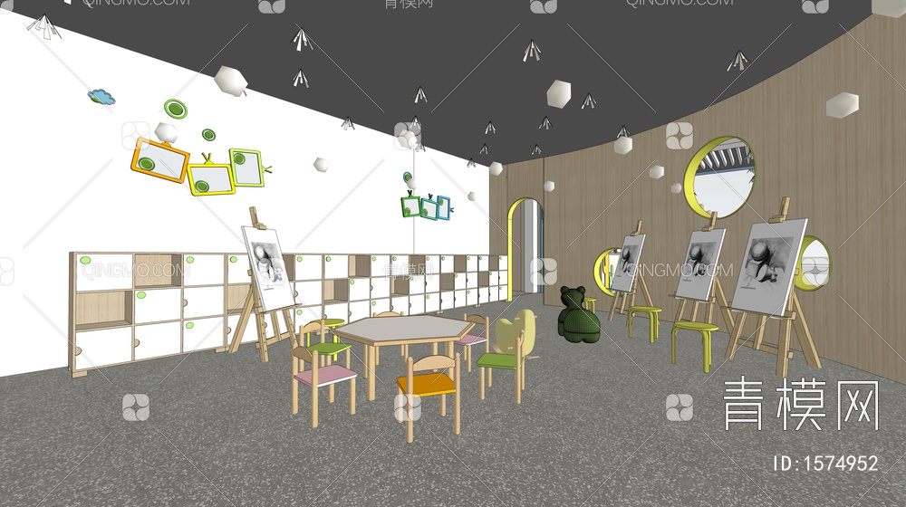 儿童画室 儿童活动空间 儿童桌椅 儿童家具 儿童储物柜SU模型下载【ID:1574952】