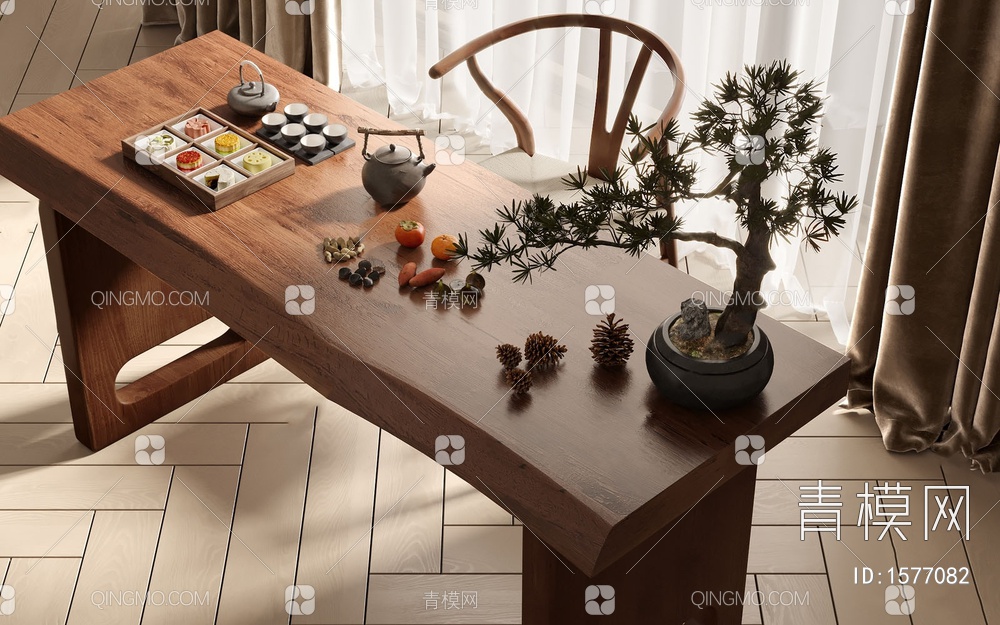 茶桌椅 木地板 窗帘 纱帘3D模型下载【ID:1577082】