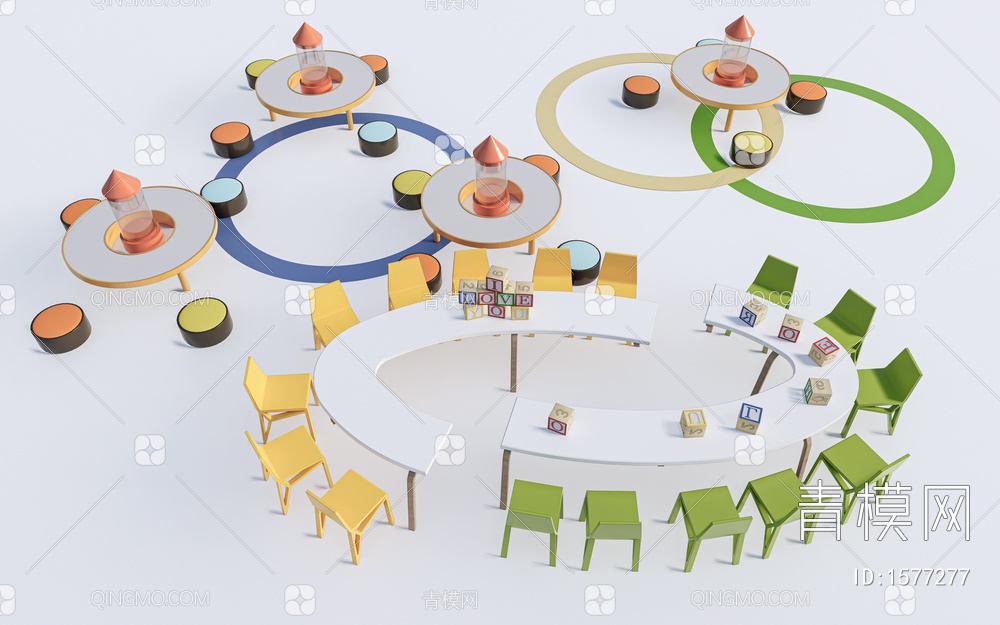 儿童桌椅组合 幼儿园桌椅 儿童家具SU模型下载【ID:1577277】