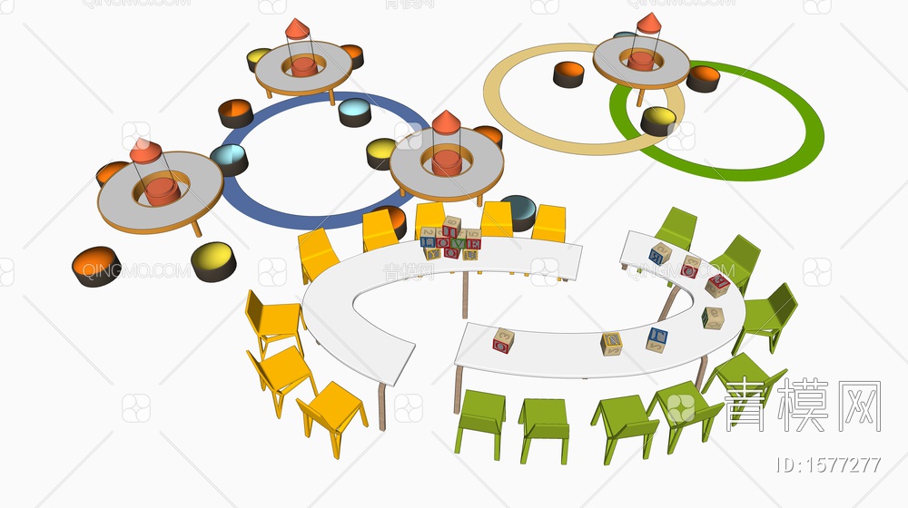 儿童桌椅组合 幼儿园桌椅 儿童家具SU模型下载【ID:1577277】