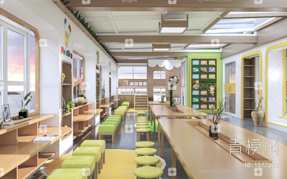 幼儿园内部 幼儿园过道 儿童活动空间 幼儿园教室SU模型下载【ID:1577352】