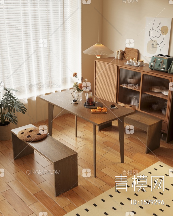 餐桌椅组合 餐边柜 冰箱 烤面包机 装饰摆件3D模型下载【ID:1579296】