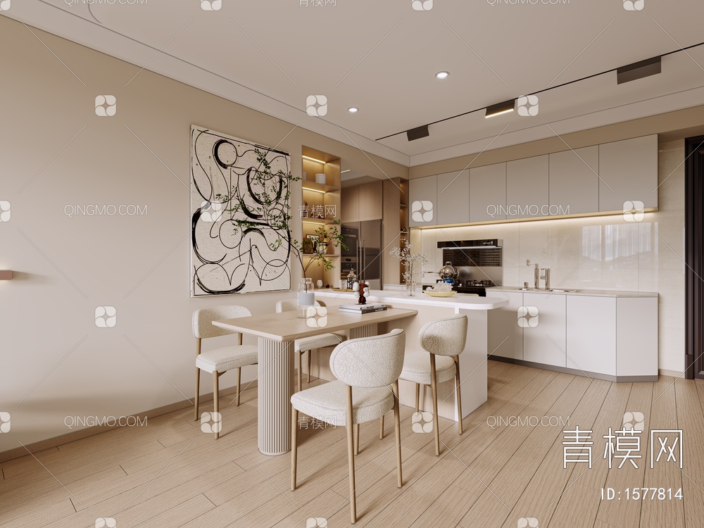 奶油风客餐厅开放式厨房3D模型下载【ID:1577814】