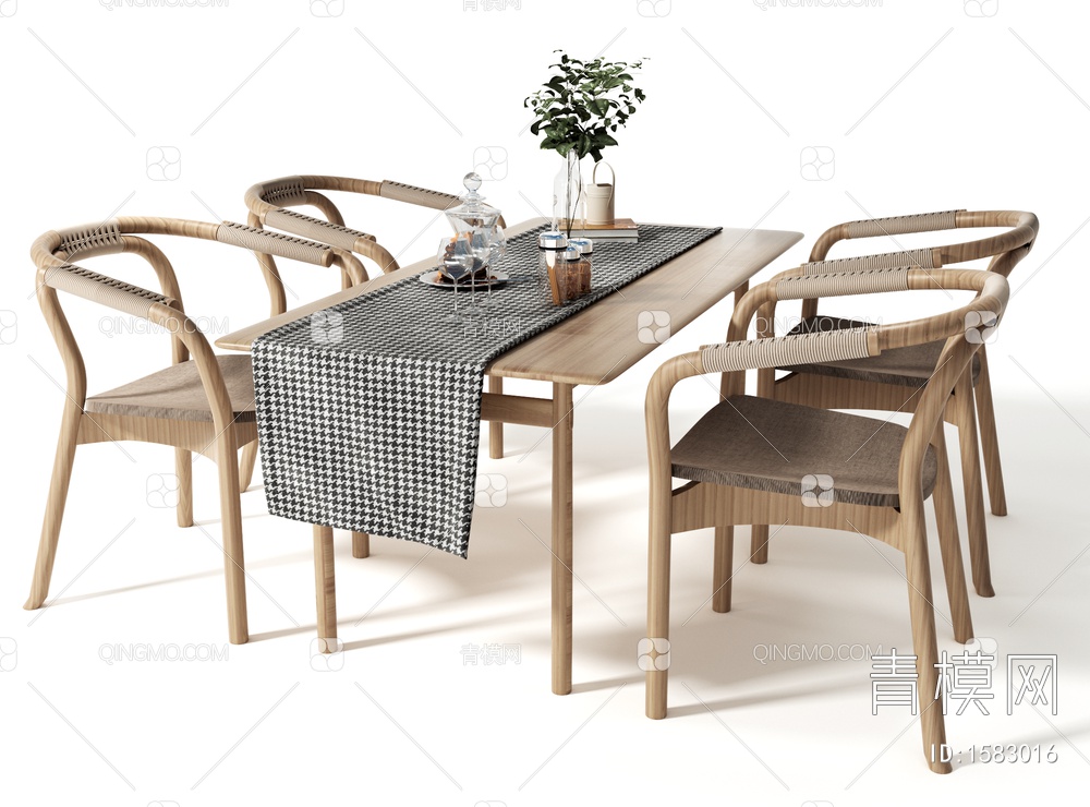 餐桌椅组合 餐具餐盘 木质餐桌 餐椅3D模型下载【ID:1583016】