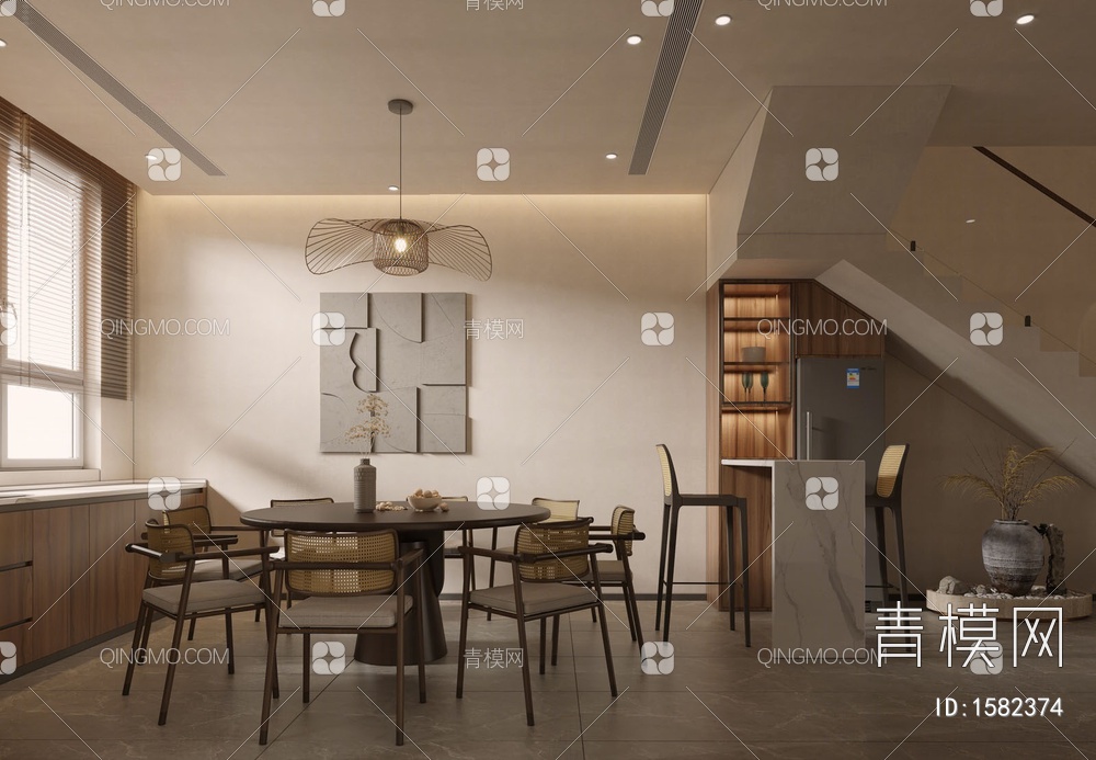 家居客餐厅 沙发茶几 吊线灯 绿植3D模型下载【ID:1582374】