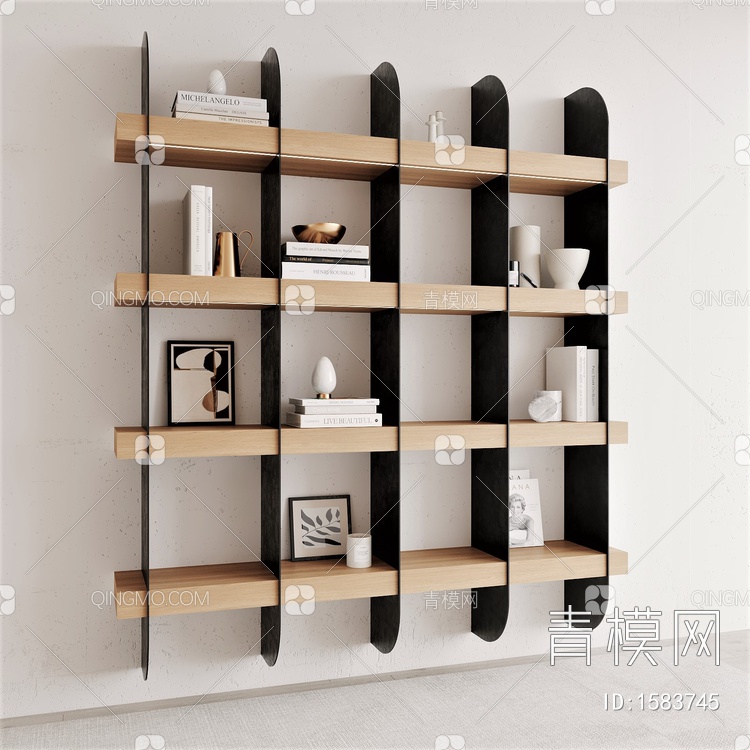 壁柜，黑钢，木作，书架，装饰架3D模型下载【ID:1583745】