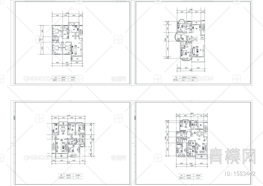 多种户型家庭室内设计CAD平面图【ID:1583442】