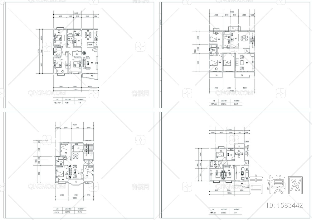 多种户型家庭室内设计CAD平面图【ID:1583442】
