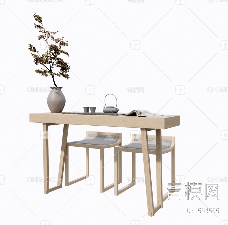 休闲桌椅 茶具 装饰花瓶组合SU模型下载【ID:1584555】
