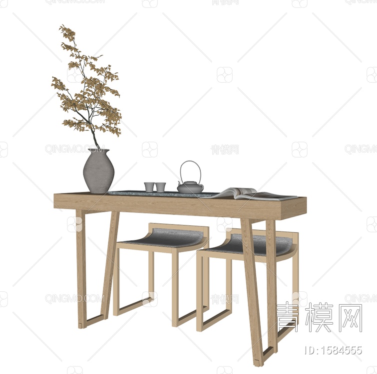 休闲桌椅 茶具 装饰花瓶组合SU模型下载【ID:1584555】