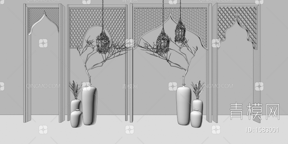 实木拱门屏风门洞隔断组合造型门洞干支花瓶3D模型下载【ID:1583001】