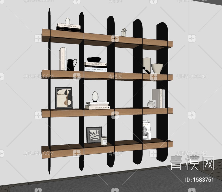 壁柜，黑钢，木作，书架，装饰架SU模型下载【ID:1583751】