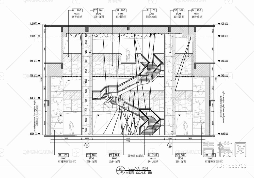 某酒店大堂公区CAD施工图 前台接待 大堂吧 公区 电梯厅【ID:1583703】