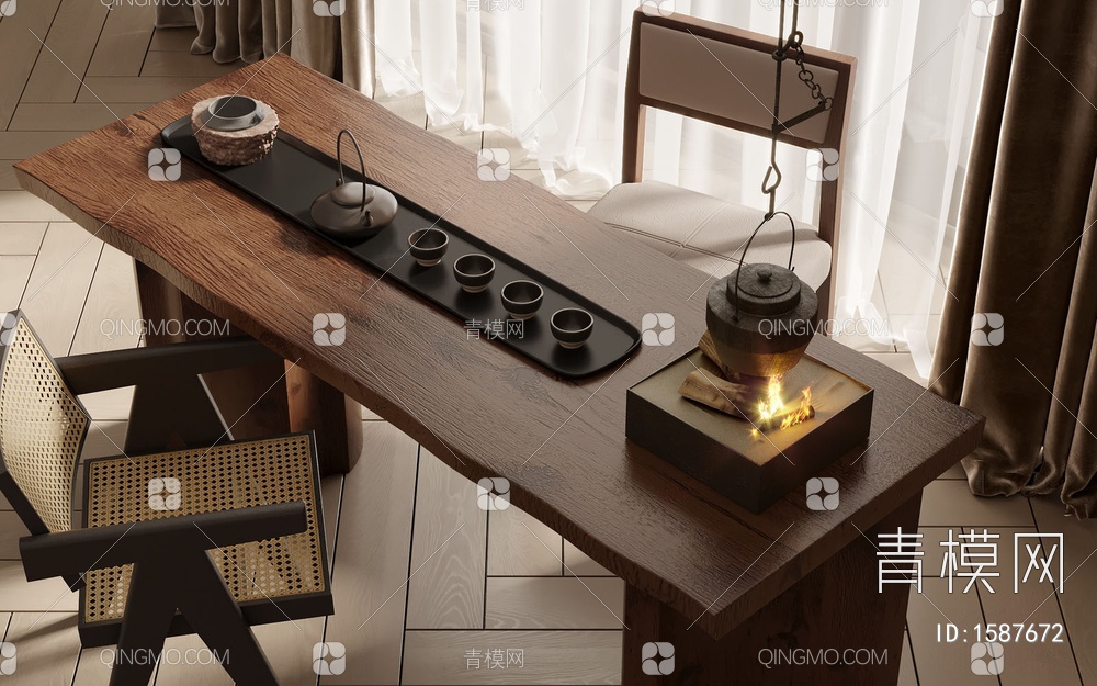 茶桌椅组合_木地板_窗帘_纱帘3D模型下载【ID:1587672】