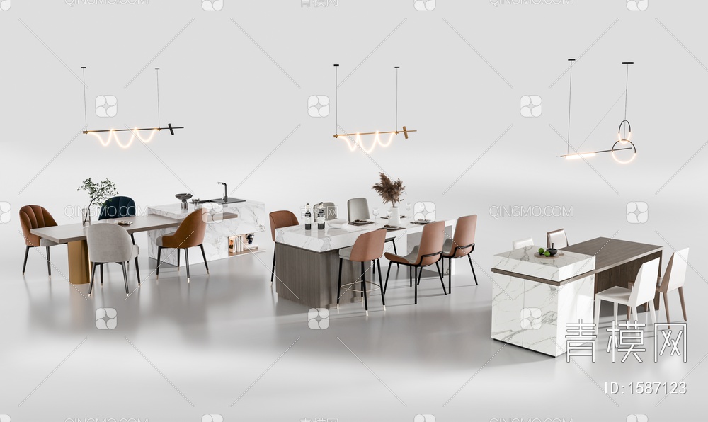 岛台餐桌组合 餐桌吊灯组合3D模型下载【ID:1587123】