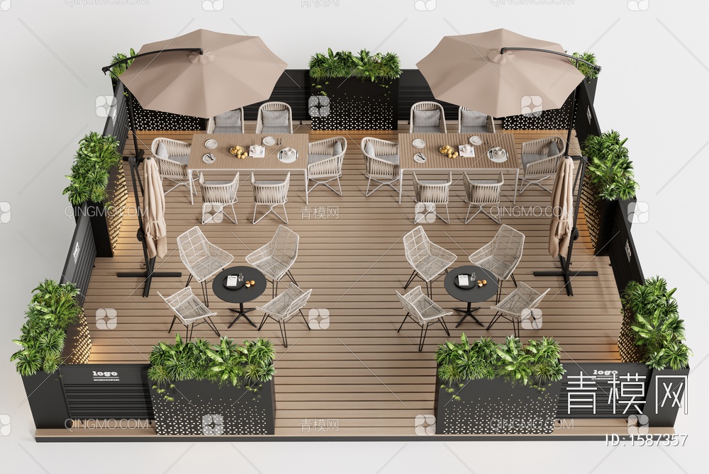 户外商业外摆区 咖啡厅外摆 户外桌椅 花箱 围栏3D模型下载【ID:1587357】