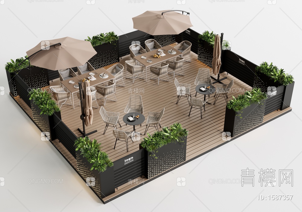 户外商业外摆区 咖啡厅外摆 户外桌椅 花箱 围栏3D模型下载【ID:1587357】