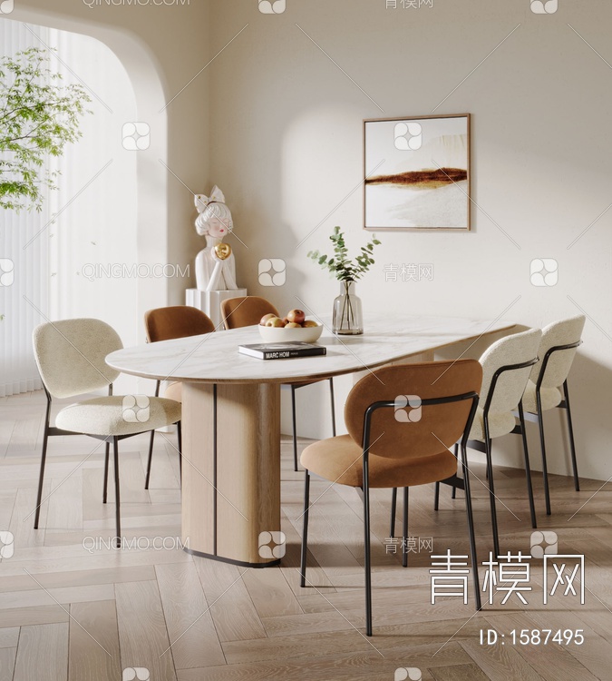 奶油风餐桌椅组合SU模型下载【ID:1587495】
