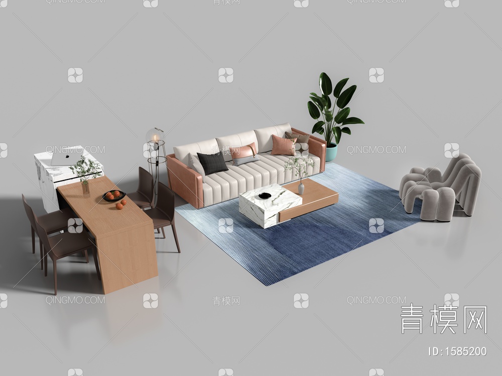 皮革沙发及岛台餐桌组合3D模型下载【ID:1585200】