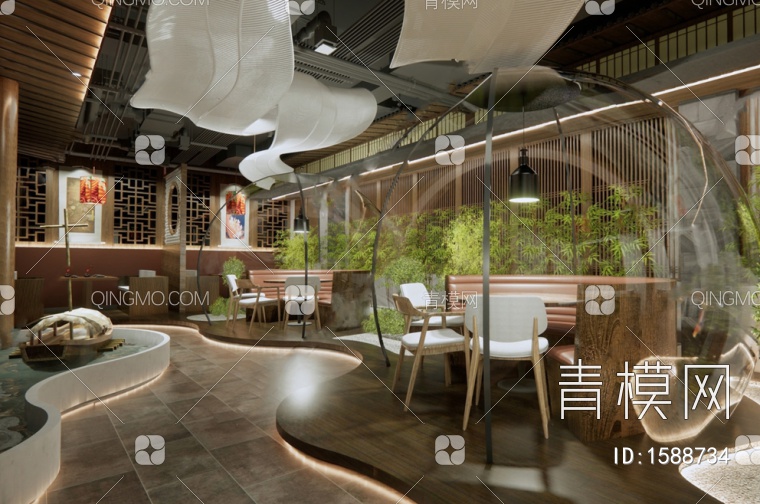 中餐厅 火锅店 室内景观小品 植物景观 餐桌椅SU模型下载【ID:1588734】