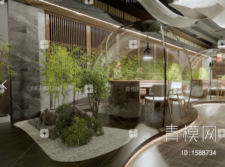 中餐厅 火锅店 室内景观小品 植物景观 餐桌椅SU模型下载【ID:1588734】