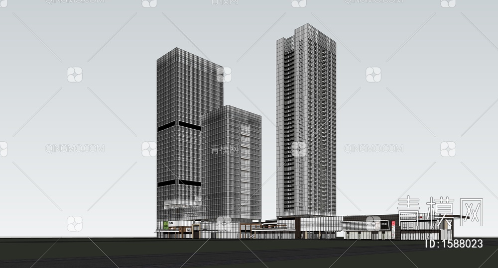 商业综合体 超高层办公  超高层公寓  底商 商业裙楼  表皮SU模型下载【ID:1588023】