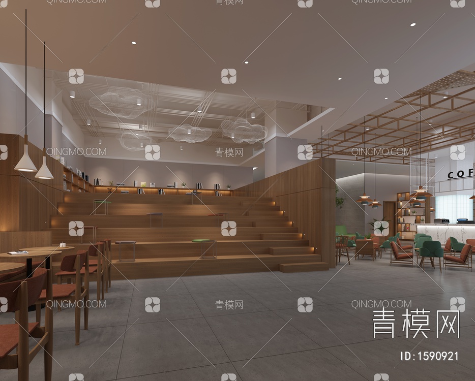 咖啡厅 公共区域 卡座区域 咖啡厅 阶梯阅读区3D模型下载【ID:1590921】