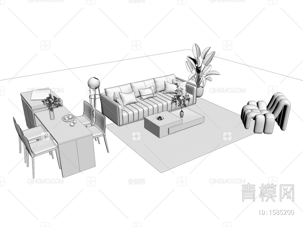 皮革沙发及岛台餐桌组合3D模型下载【ID:1585200】
