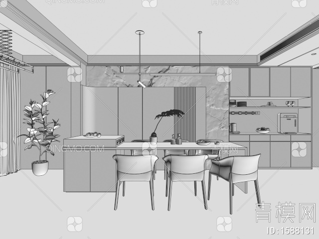 家居餐厅 岛台 酒柜 背景墙3D模型下载【ID:1588131】