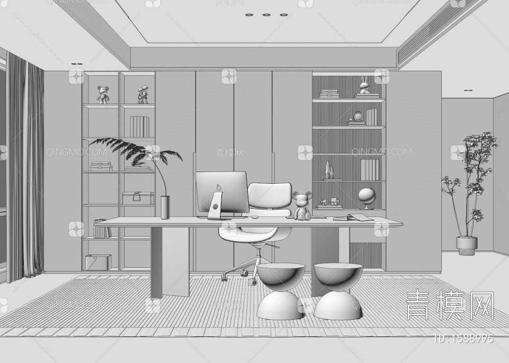 书房，家居书房，书房茶室3D模型下载【ID:1588995】